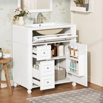 Meuble-lavabo de salle de bain avec lavabo en céramique, 30 po, armoire de rangement avec portes à fermeture en douceur et organisateur de porte