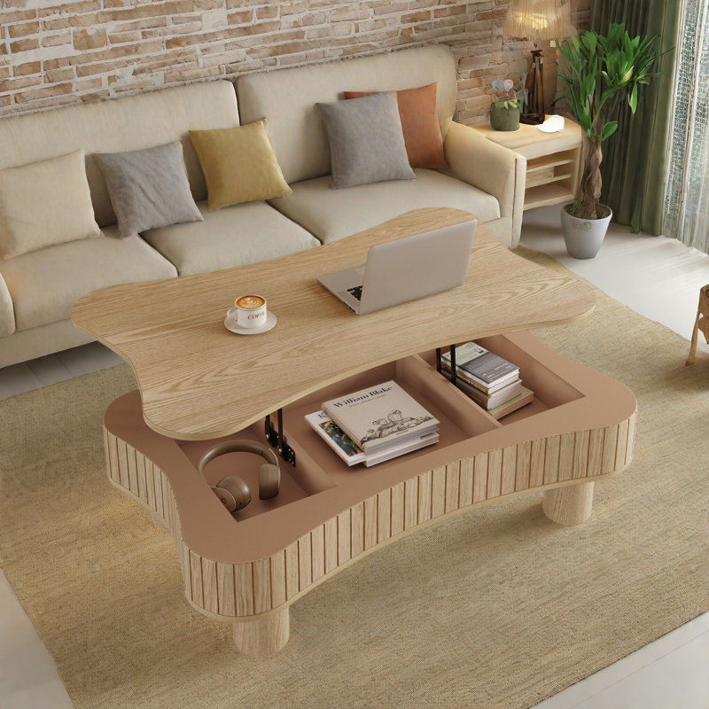Table basse avec rangement caché et système de levage hydraulique silencieux, Bois naturel