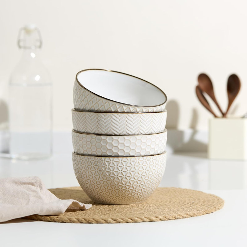 Ensemble de 4 bols à soupe en céramique, allant au micro-ondes et au lave-vaisselle, en relief avec motif géométrique, idéal pour la soupe, les céréales, le poke et plus encore, en grès cérame durable