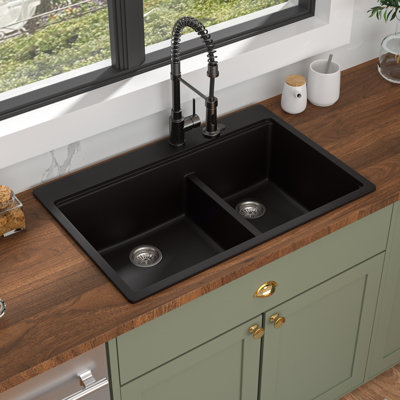 33"L x 22"W Workstation Quartz Kitchen Sink Black Drop In Double Bowl Granite Composite Kitchen Sink with Cutting Board,Roll-up Rack