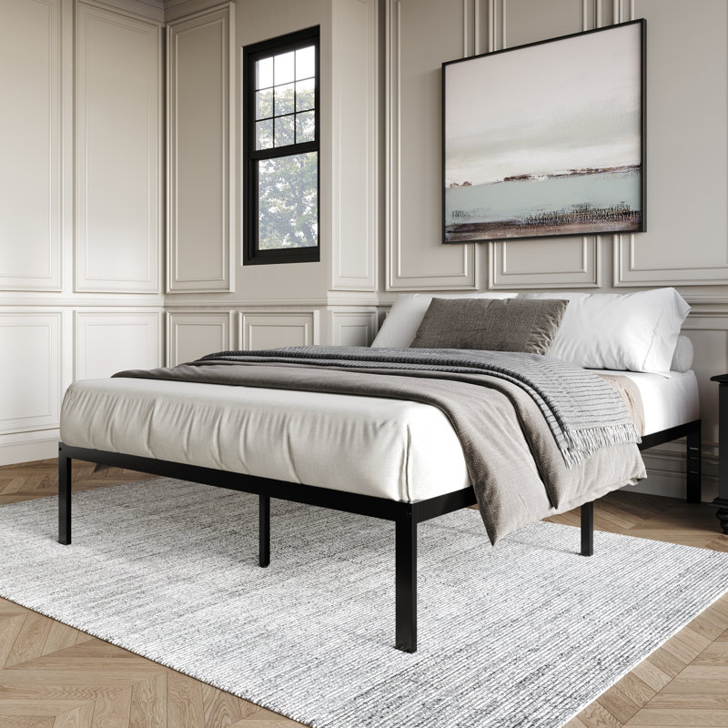 QUEEN SIZE METAL PLATFORM BED IN BLACK, Black, Queen
