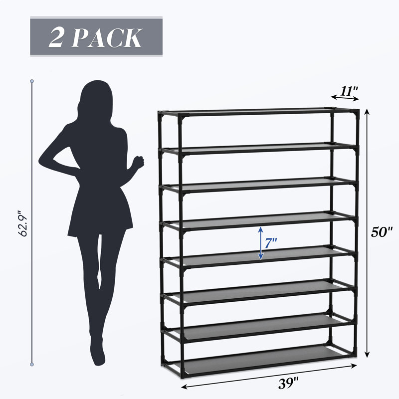 Set of 2 Detachable 8 Tier Shoe Storage Rack, Large Capacity Holds 64 Pairs Entryway Shoe Organizer
