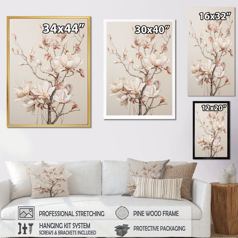 «Magnolias Beauty II» beige et vert sur toile, Cadre flottant blanc, H 32 po x l 16 po