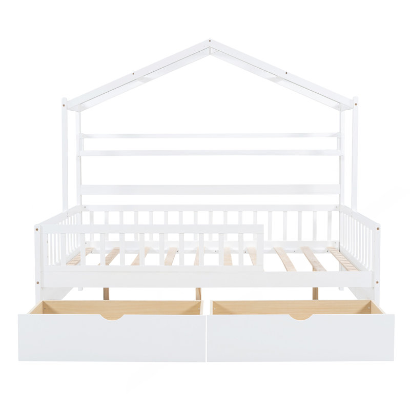 Lit double en bois avec 2 tiroirs, lit avec tablette de rangement, blanc