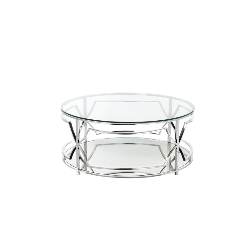 Pangea Home Edward Floor Shelf Round Coffee Table with Storage - Modern Round Coffee Table – Tempered Glass Top with Silver Steel Frame for Living Room - Silver Coffee Table