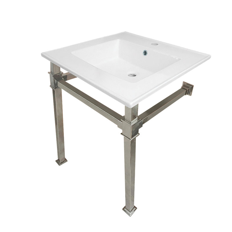 Lavabo console en laiton Kingston Monarch de 25 pouces avec pieds en acier inoxydable (1 trou) Kingston, Nickel poli / blanc