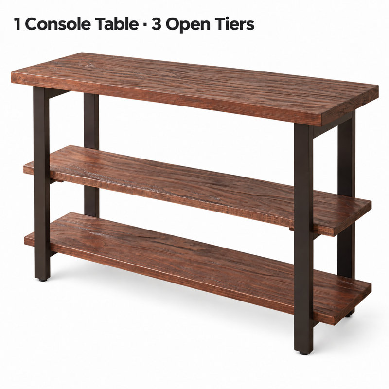 Console en bois massif à 3 niveaux de 122 cm (48 po) avec tablettes ouvertes, couleur noyer