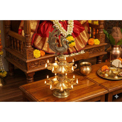 14" Brass Peacock Oil Lamp with Double-Layer Wicks | Handmade South Indian Annam Vilakku for Puja Room, Temple & Meditation Decor