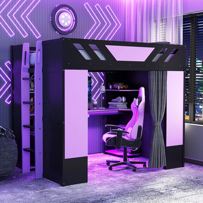 Lit mezzanine en bois pleine grandeur avec tablettes, rideaux occultants et lumières RVB, noir et mauve