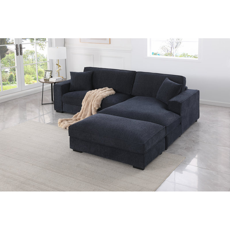 Canapé rembourré 102 po à assise profonde avec repose-pieds, Orienté à droite, Mélange de polyester bleu foncé