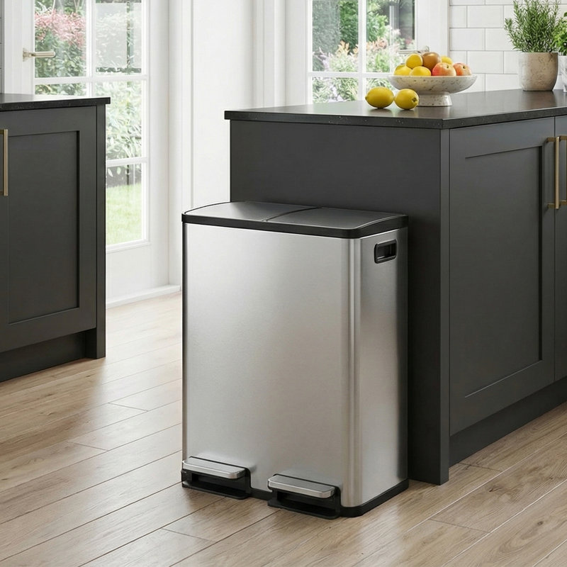 Poubelle de cuisine en acier inoxydable argenté à double compartiment de 16 gallons avec couvercles à fermeture douce, Argent