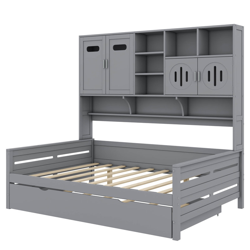 Élégant lit de jour en bois avec lit gigogne escamotable et armoire intégrée, Double, gris