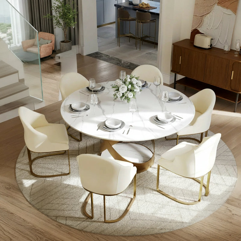  5/7 Pieces Modern Dining Room Sets, Pre-Assembly Round Dining Table Sets, Sintered Stone Tabletop Kitchen Dining Table Set With PU Upholstered Chairs