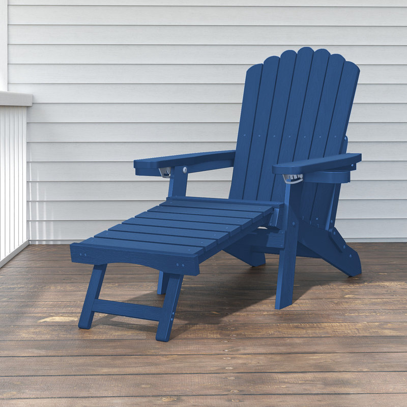 Folding Adjustable Adirondack Chair With Retractable Ottoman, Adirondack Chair With 2 Cup Holders, Outdoor Chair for Porch Patio Lawn Balcony, Weather-Resistant HDPE
