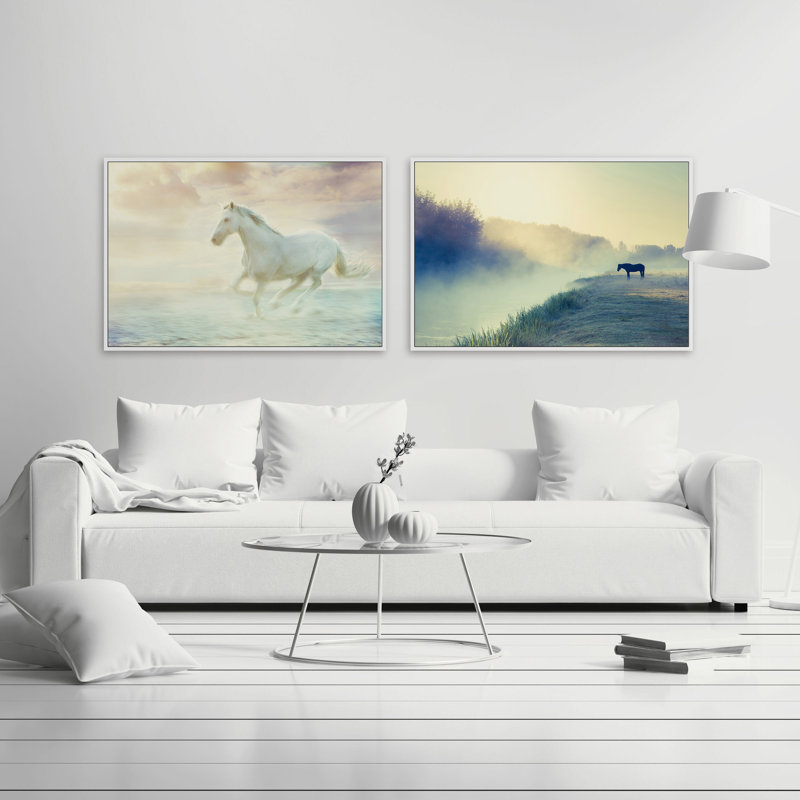 Diptych de chevaux dans la nature, H 30 po x l 45 po x P 1,5 po