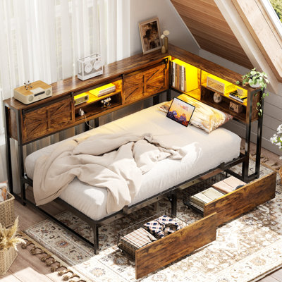 Twin Bed With Bookcase & Drawer, L Shaped Twin Bed Frame With Power Outlet & LED by Wrought Studio