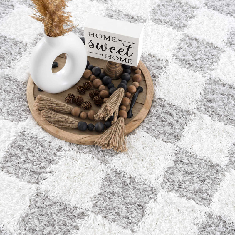 Atiran Checkered Plush Pile Gray Area Rug, Rectangle 5'3" x 7'3"