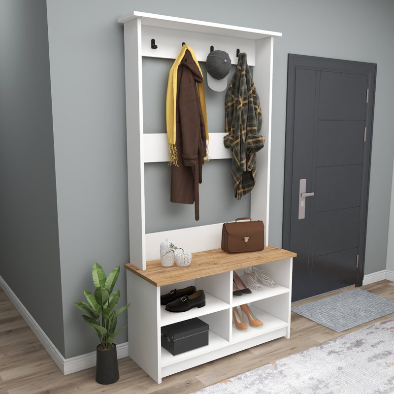 Shoe Storage Hall Tree with Lakay, Atlantic Pine/White