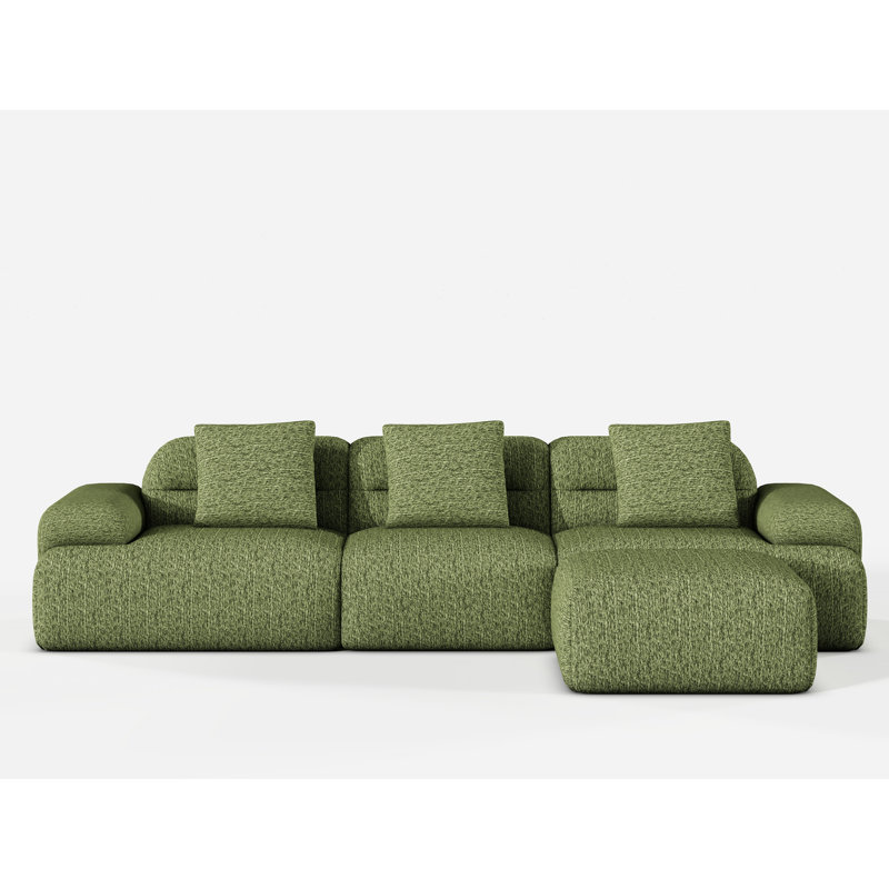 Canapé d'angle modulaire moderne en velours côtelé comprimé vert, avec pouf, Velours côtelé vert noirâtre