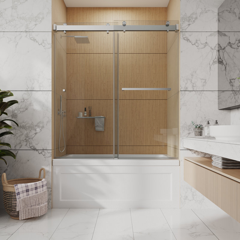 56" - 60" W X 66" H Frameless Double Sliding Soft Closing Tub Glass Shower Doors | 3/8" Tempered Clear Glass | Leak-Proof Precision | Durable Stainless-Steel Hardware
