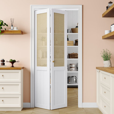 Bi-Fold Closet Door 36" x 80" Half Rattan Weave White Interior Bi-fold Door, Airy & Easy to Clean with Long-Lived Installation Hardware Kit (Idea for Closet,Pantry,Laundry,living rooms & bedrooms)