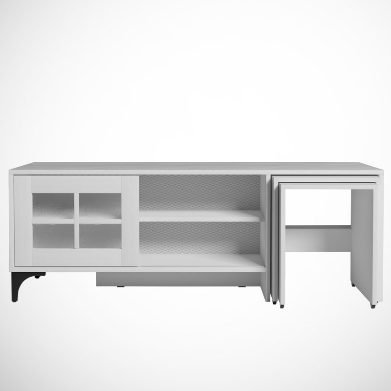 Meuble télé moderne blanc de 59,1 po x 21,3 po x 16,5 po | 100% panneau de particules enduit de mélamine, épaisseur: 0,7 pouce | Comprend 2 tables gigognes (16,5 et 14,9 pouces) | Design élégant et fonctionnel pour le salon et les espaces de divertissement