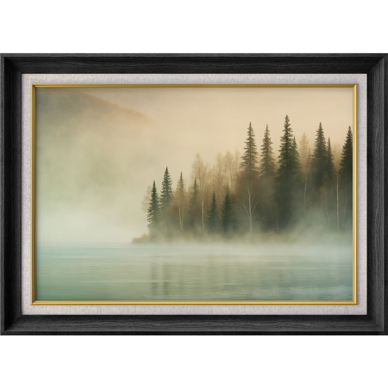«Misty Forest Lake with Evergreen Trees and Soft Morning Light», reproduction d'art sur toile encadrée