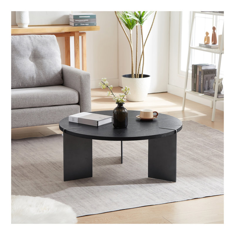 Table basse ronde en bois de chêne noir et pieds en métal noir, Noir