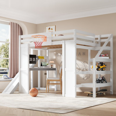 Mavon Modern Solid Wood Loft Bed with Built-In Desk, Storage Stairs, Slide, and Basketball Hoop