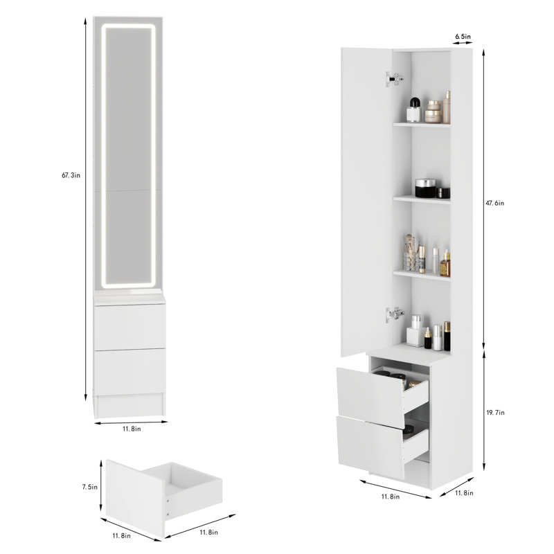 Miroir à DEL 11,8 po x 15,7 po x 63 po, luminosité réglable en 3 couleurs, rangement multicouche pour les cosmétiques et les bijoux