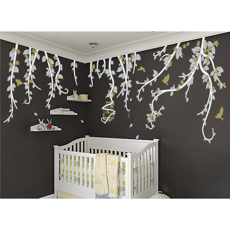 Décalcomanie murale vignes et cage, 34" H x 80" lx 0.01" D, Or/argent