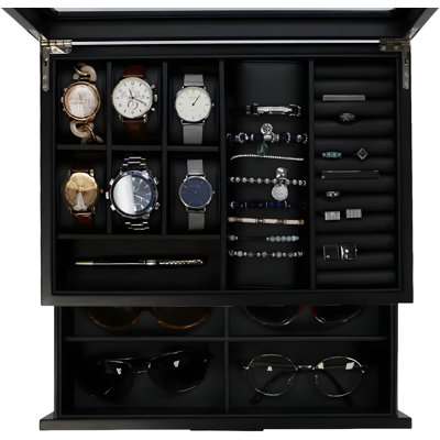 Premium Unisex Wooden Valet Box For Jewellery & Sunglasses - Sleek Walnut Design With High Clearance Glass Top, 6 Watch Slots & Pull-Out Drawer