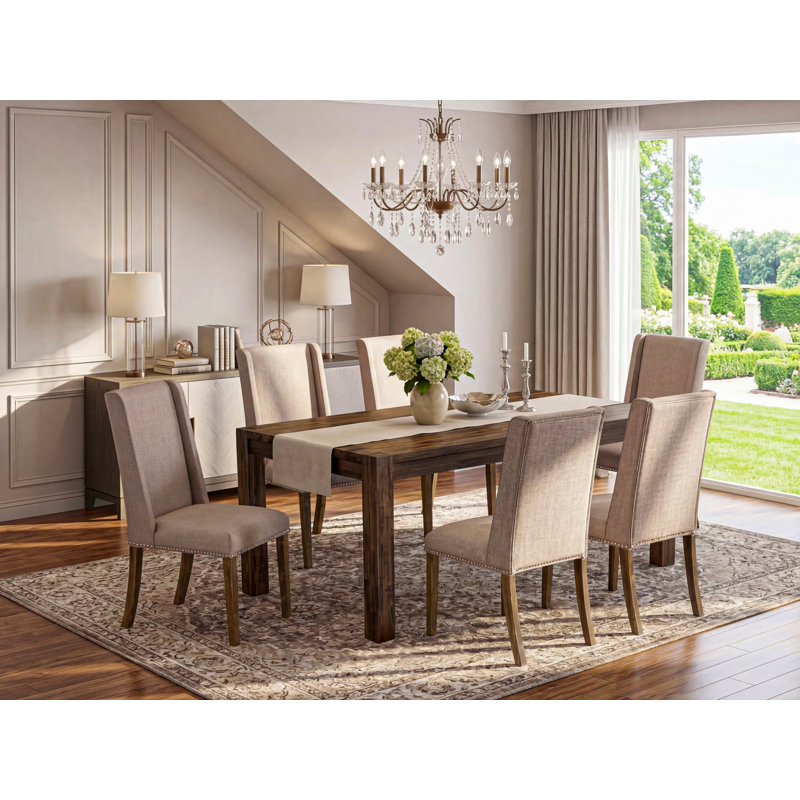 Ensemble de table de cuisine 7 pièces composé d'une table de salle à manger rectangulaire en bois rustique et de 6 chaises de salle à manger Parson en tissu kaki foncé