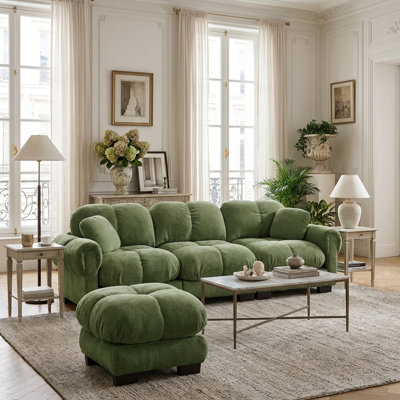 Ensemble de canapé modulaire en chenille 3 places avec coussins et 1 repose-pieds, vert sauge