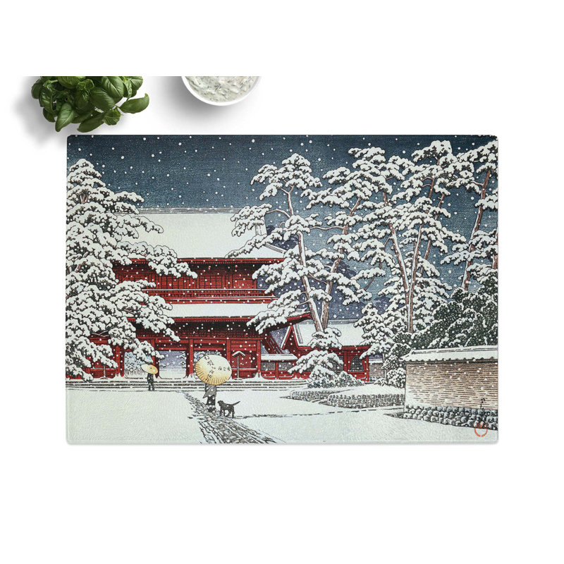 Tempered Glass Zojo Temple in the Snow by Hasui Kawase Chopping Board, 28.5 cm x 20 cm