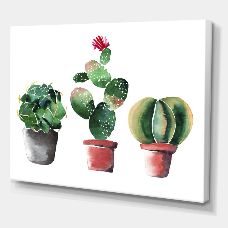 Trois cactus dans des pots en argile - peinture sur toile, H 30 po x l 40 po x 1,5 po, Toile tendue