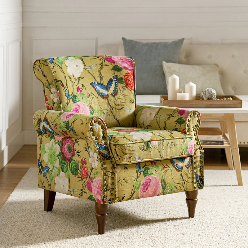 Araceli 76cm W Floral Wooden Upholstered Accent Chair with Nailhead Trim, Mustard