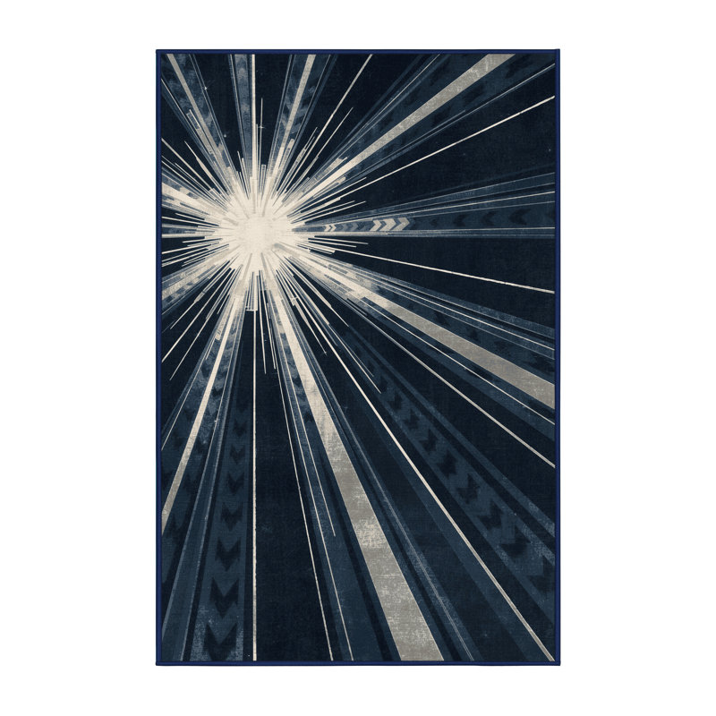 Machine Washable Orlena Art Deco Starburst Rug in Gray – Navy Binding, 8 x 12