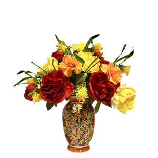 Peony Rose Floral Arrangement Red Orange Yellow