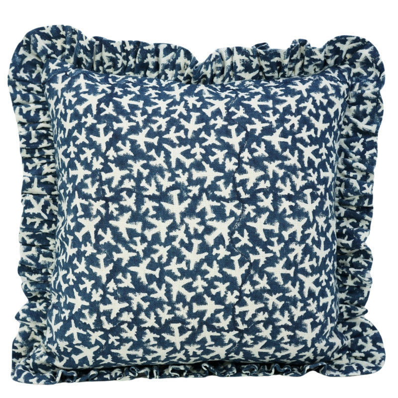 Housse de coussin en lin épais à imprimé volutes Fabividine, printemps été, (Pushpakviman, bleu), Carré, H 18 po x l 18 po