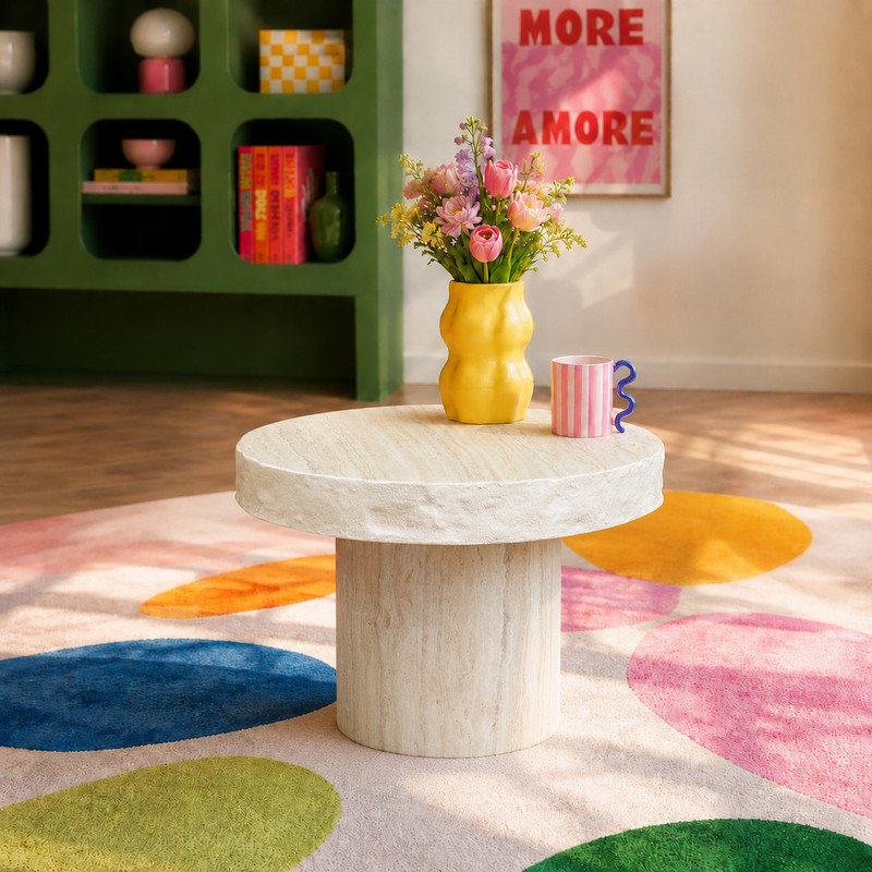 Table de bout ronde 23,82 po en fibre de verre beige, table d'appoint moderne texturée d'inspiration Mars