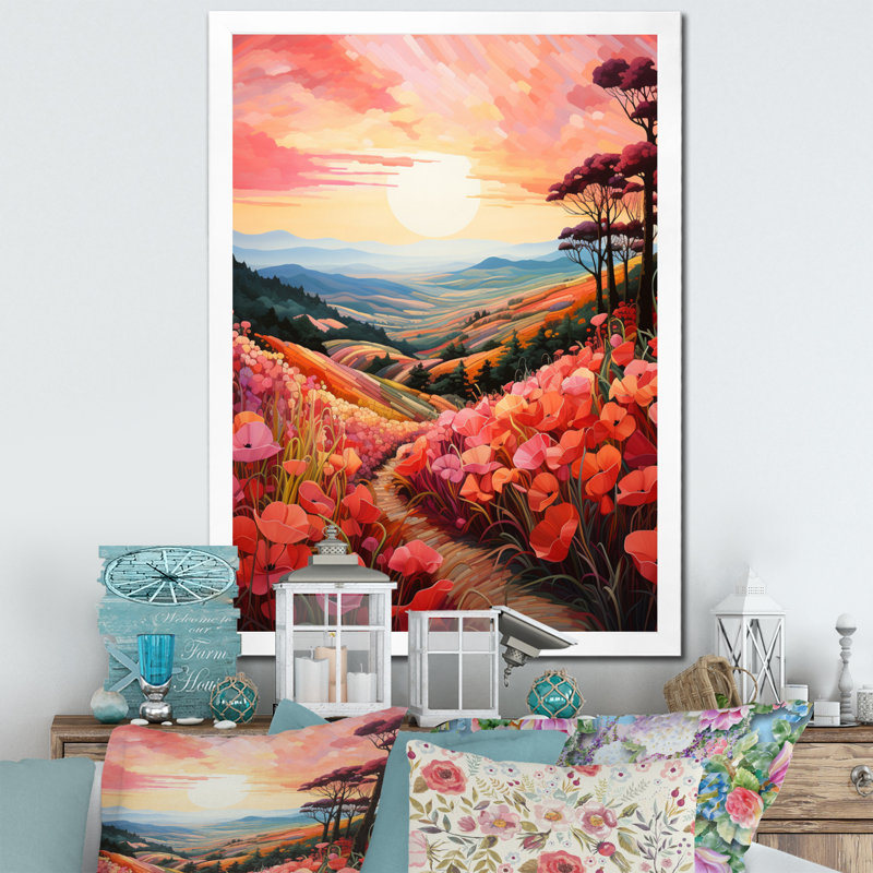 «Countryside Red Poppy Field VII», reproduction d'art sur toile, H 32 po x l 16 po x P 1 po, Cadre blanc