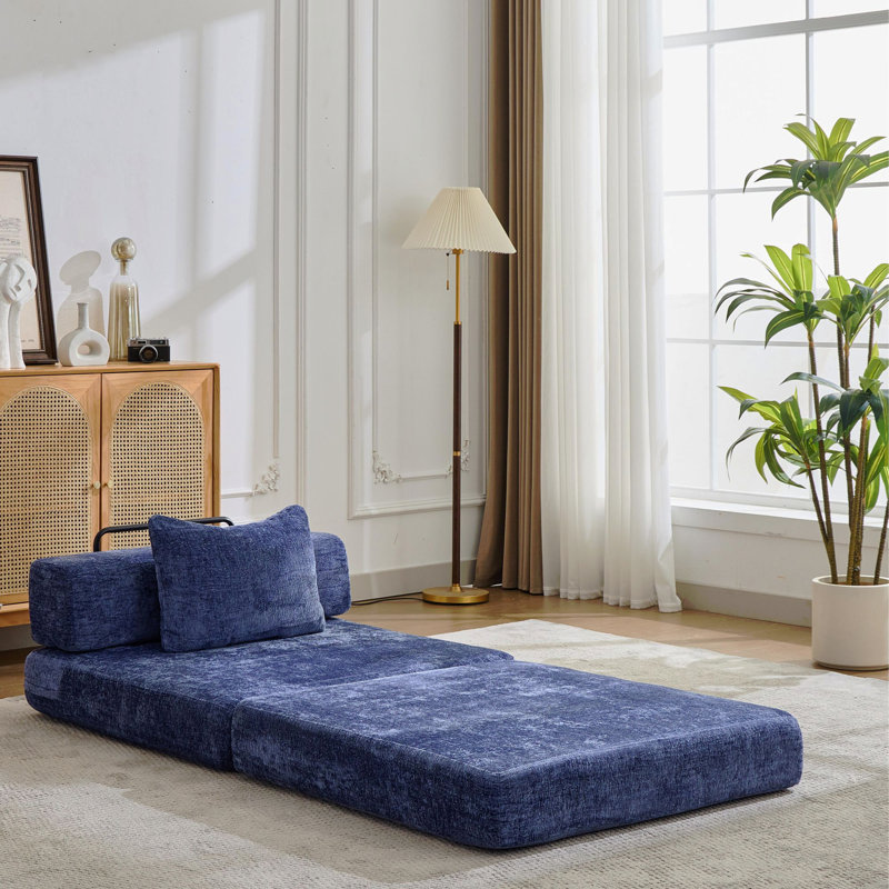 Canapé à compression, canapé-lit à plancher convertible à structure fixe, canapé modulaire à assise simple sans os, sans assemblage requis, tissu chenille, pour chambre à coucher de salon, bleu foncé