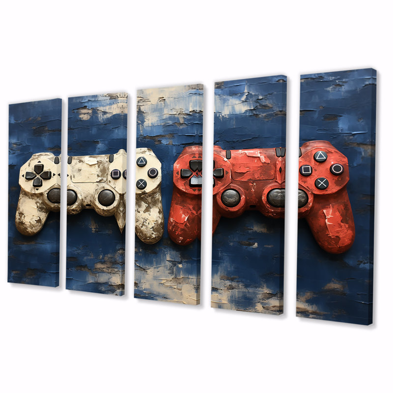 «White and Red Ps Video Game Controllers», ensemble de 5 pièces d'art mural, H 32 po x l 80 po
