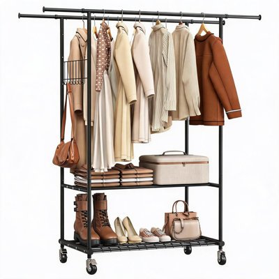 Rolling Garment Rack, Black Metal with Shelves, Side Hooks and Wheels, 550 lbs