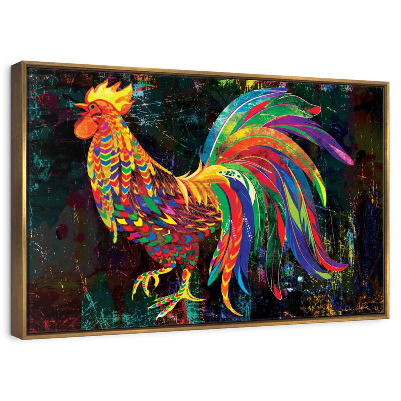 Multicolored Abstract Rooster, Floating Frame Gold, 37" X 25"