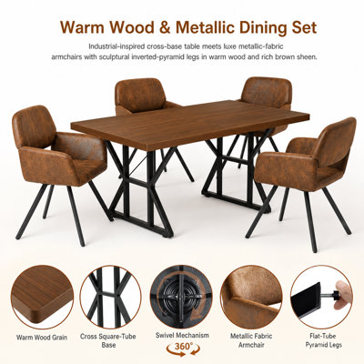 5-Piece Industrial Dining Table Set With Armchairs, Rectangular Wood-Look Table And Metal Base