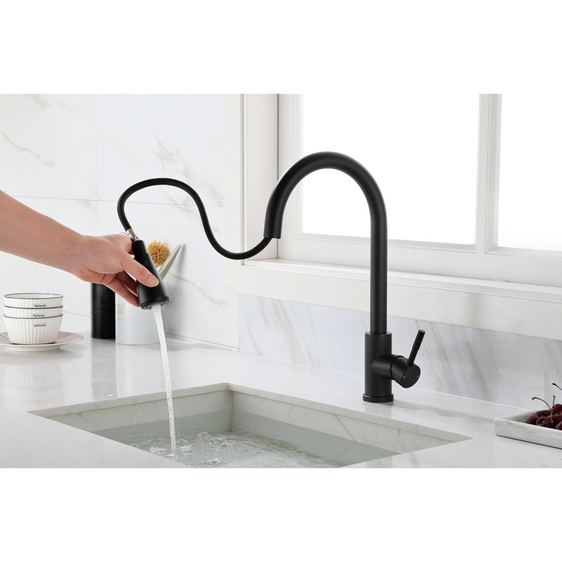 Robinet de cuisine extractible en noir mat, acier inoxydable, bec rotatif à 360 °, poignée simple pour un débit d'eau simple et un contrôle de la température en acier noir, rotation facile