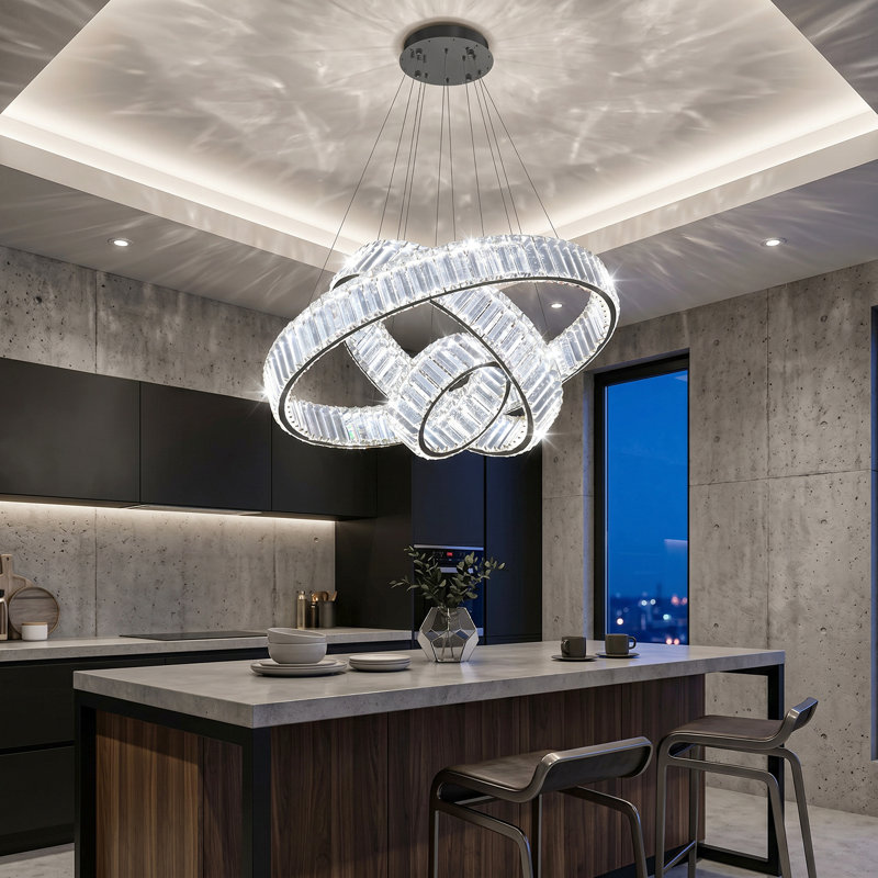 3-ring Modern Crystal Led Dimmable Chandelier Black, Matte Black