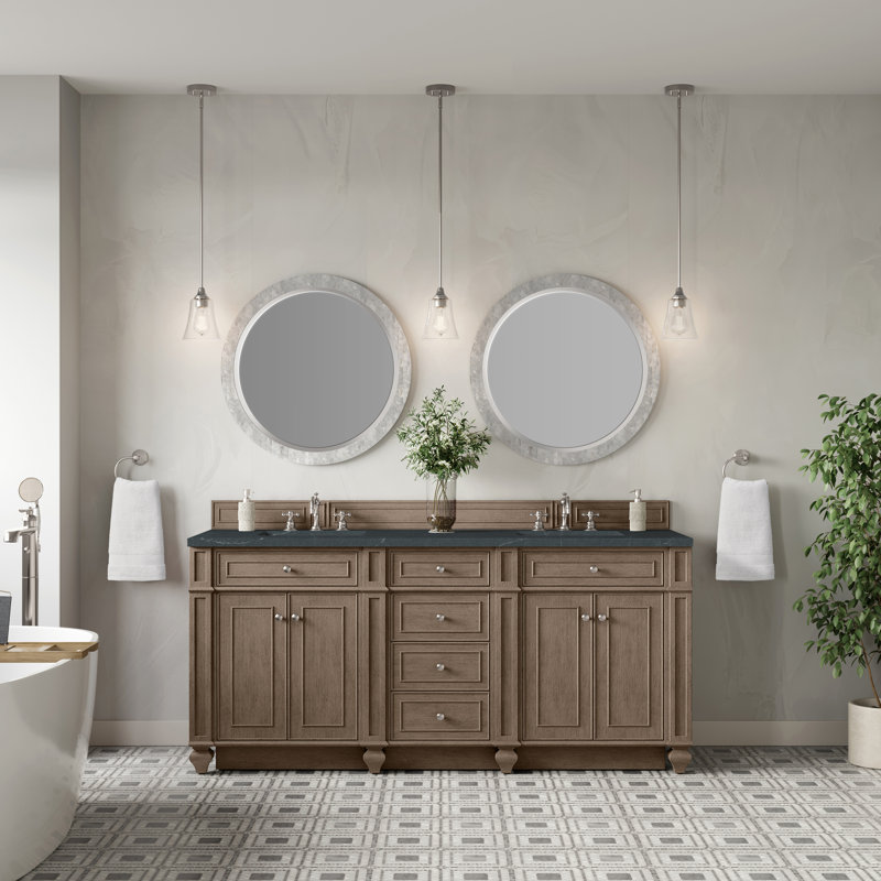 Meuble-lavabo double l 72 po Bristol, Noyer blanchi, Pierre de savon anthracite, 8 po